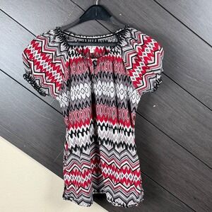 Healing Hands Women's Small Abstract Peasant Blouse Pocket Red Black Gray